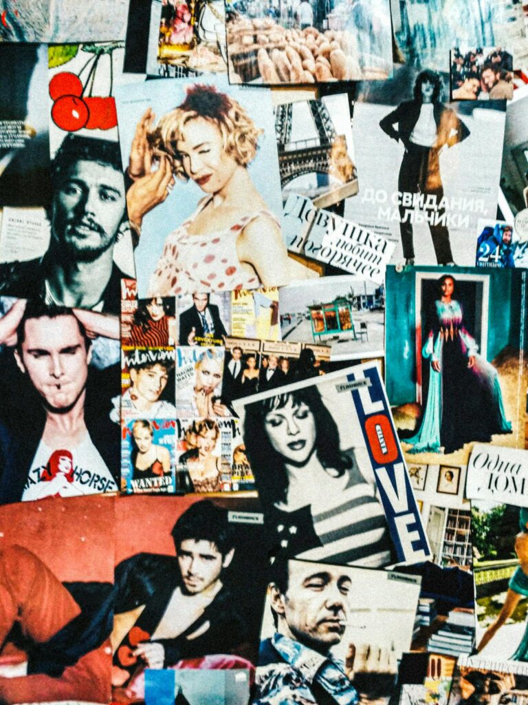 A creative collage of colorful fashion magazine clippings featuring celebrities.